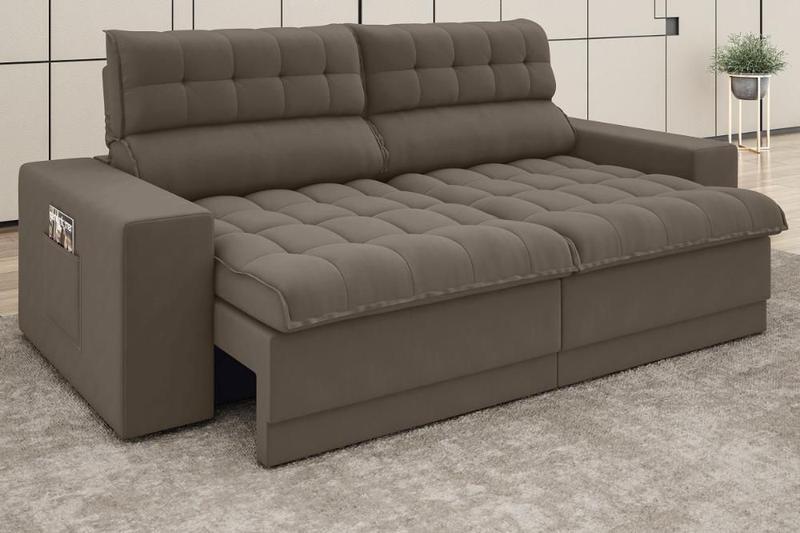 Sofá Omega 2,00m Assento Retrátil e Reclinável Velosuede Marrom - NETSOFAS Menor preço em Sofá Omega 2,00m Assento Retrátil e Reclinável Velosuede Marrom - NETSOFAS