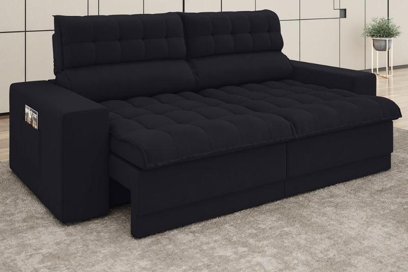 Imagem de Sofá Omega 2,00m Assento Retrátil e Reclinável Velosuede Preto - NETSOFAS