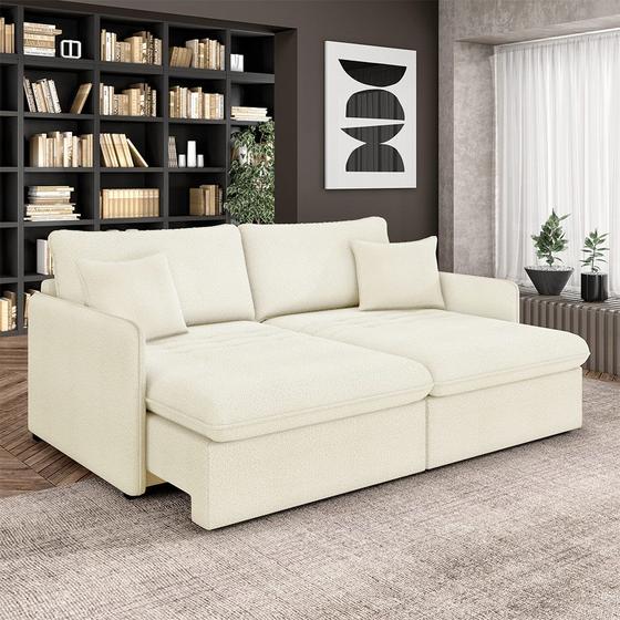 Imagem de Sofá Reclinável e Retrátil Gandalf Bipartido 214cm Caixa Zero com Almofadas Bouclê Off White G33 - Gran Belo