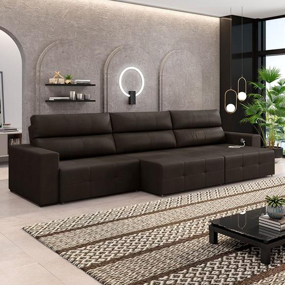 Imagem de Sofá Retrátil 4 Lugares 284cm 3 Módulos Nero com USB Couro Marrom G52 - Gran Belo