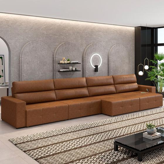 Imagem de Sofá Retrátil 6 Lugares 444cm 4 Módulos Nero com USB Couro Manchado Claro G52 - Gran Belo