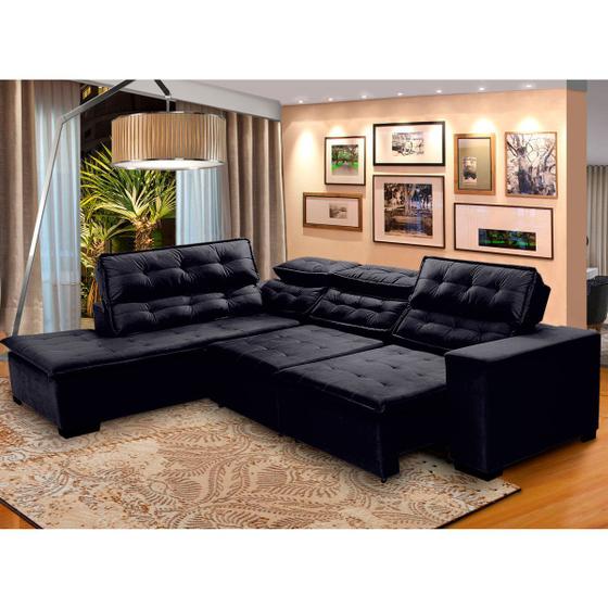 Sofá Retrátil de Canto Grande Chaise Preto 280x220Cm Pillow D28 Stillo