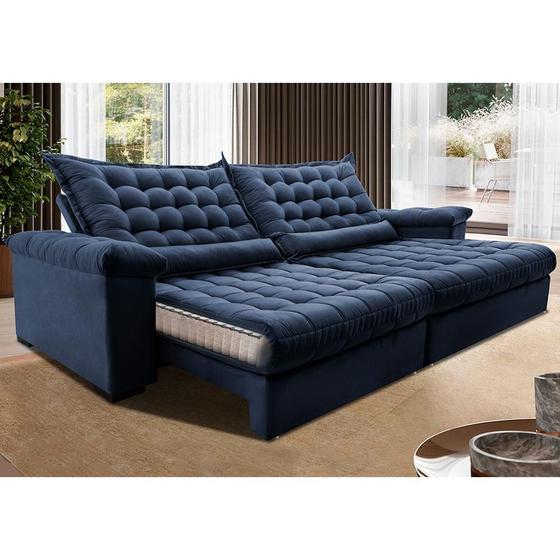 Imagem de Sofá Retrátil e Reclinável 2,15m Molas Ensacadas Cama inBox Big Space com Bordado 3D Velusoft Azul