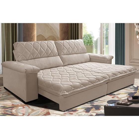 Imagem de Sofá Retrátil e Reclinável 2,35m Molas Ensacadas Cama inBox Big Home com Bordado 3D Velusoft Bege