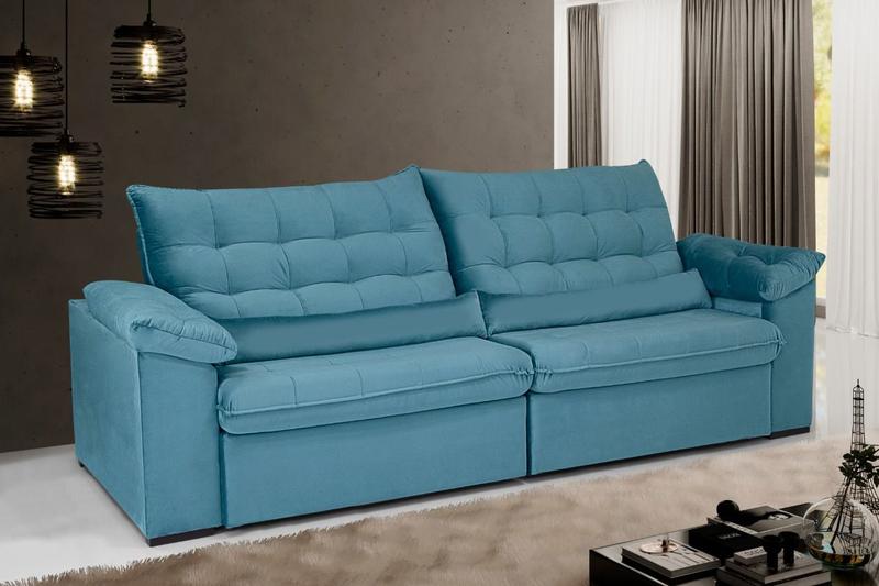 Sofá Retrátil e Reclinável 250 cm Oriental Veludo Azul Turquesa Chamby