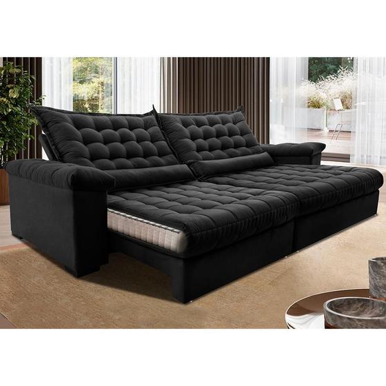 Imagem de Sofá Retrátil e Reclinável 2,55m Molas Ensacadas Cama inBox Big Space com Bordado 3D Velusoft Preto