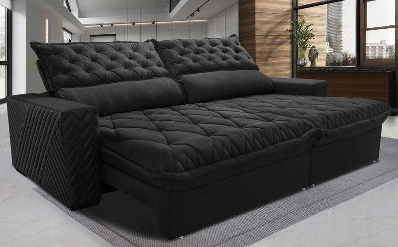 Imagem de Sofá Retrátil e Reclinável 3,15m Molas Ensacadas Cama inBox Spazus com Bordado 3D Velusoft Preto