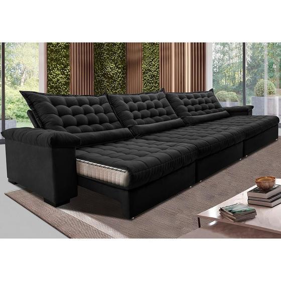 Imagem de Sofá Retrátil e Reclinável 3,55m Molas Ensacadas Cama inBox Big Space com Bordado 3D Velusoft Preto