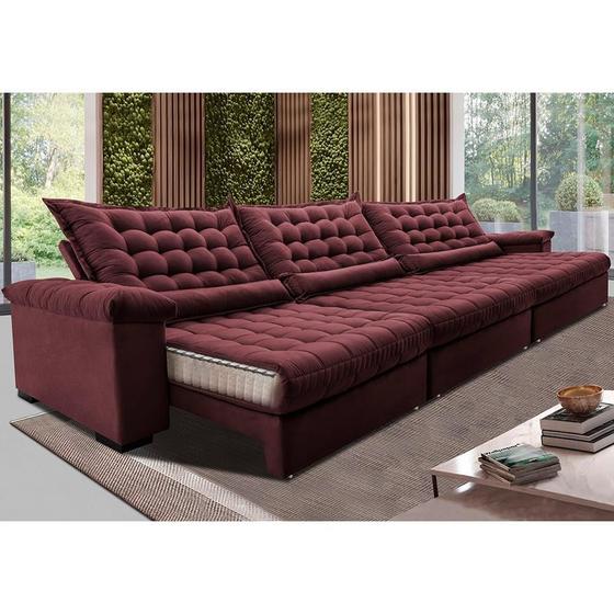 Imagem de Sofá Retrátil e Reclinável 3,55m Molas Ensacadas Cama inBox Big Space com Bordado 3D Velusoft Vinho