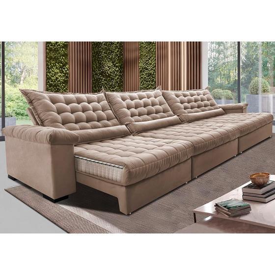 Imagem de Sofá Retrátil e Reclinável 3,85m Molas Ensacadas Cama inBox Big Space com Bordado 3D Velusoft Bege