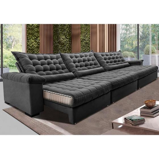Sofá Retrátil e Reclinável 4,15m Molas Ensacadas Cama inBox Big Space com Bordado 3D Velusoft Cinza Imagem de Sofá Retrátil e Reclinável 4,15m Molas Ensacadas Cama inBox Big Space com Bordado 3D Velusoft Cinza