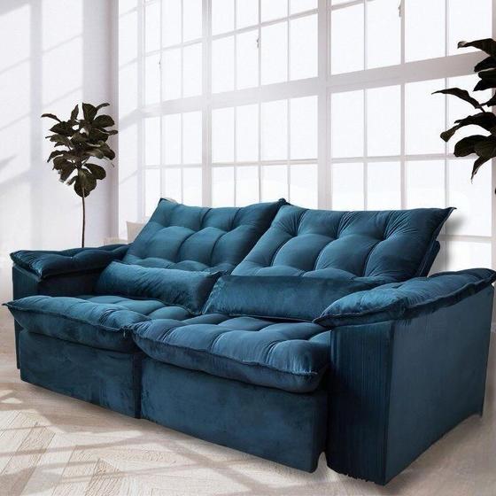 Imagem de Sofá Retrátil e Reclinável Articulado com 1,60m de Largura e Abertura Grande em Tecido Veludo Premium com Pillow nos Braços e Assentos
