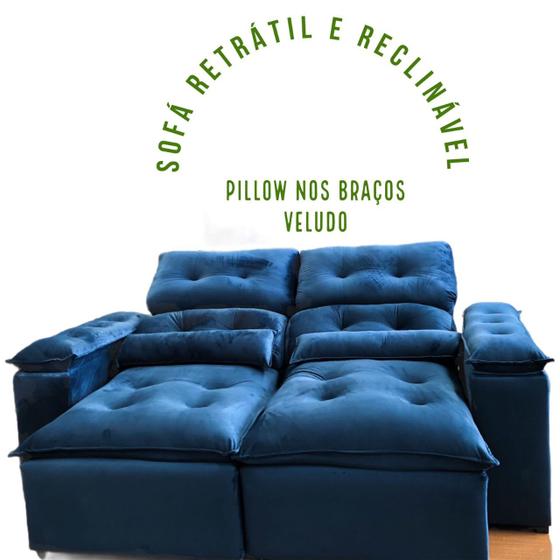 Sofá Retrátil e Reclinável C/ Pillow nos Braços Azul Veludo Menor preço em Sofá Retrátil e Reclinável C/ Pillow nos Braços Azul Veludo