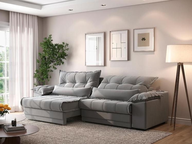 Imagem de Sofá Retrátil e Reclinável com Molas ensacadas e Carregador USB Colosso 2,10m Veludocristal Cinza - NETSOFAS