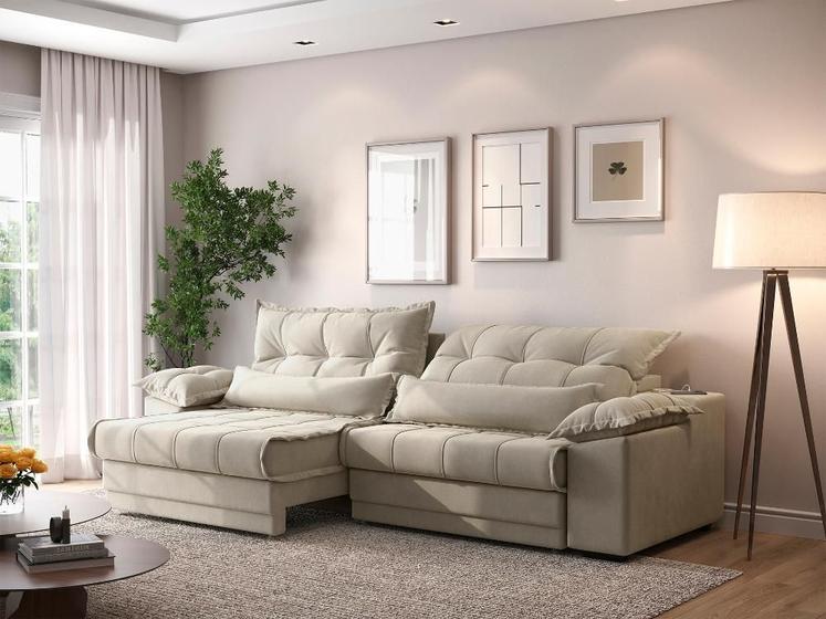 Imagem de Sofá Retrátil e Reclinável com Molas ensacadas e Carregador USB Colosso 2,30m Veludocristal Areia - NETSOFAS