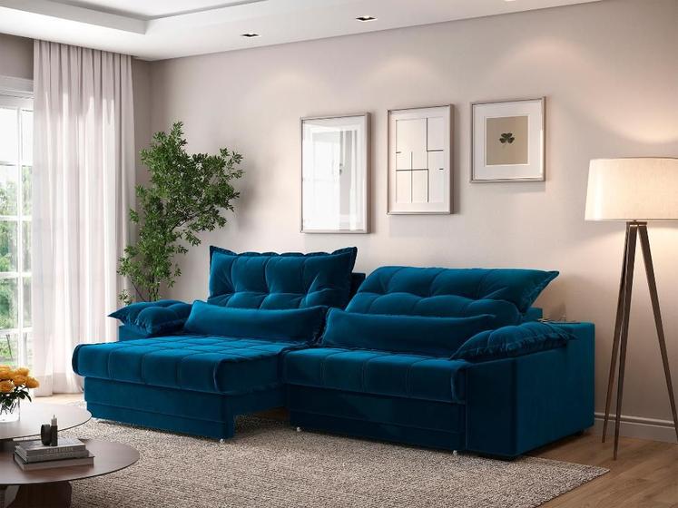 Imagem de Sofá Retrátil e Reclinável com Molas ensacadas e Carregador USB Colosso 2,30m Veludocristal Azul Marinho - NETSOFAS