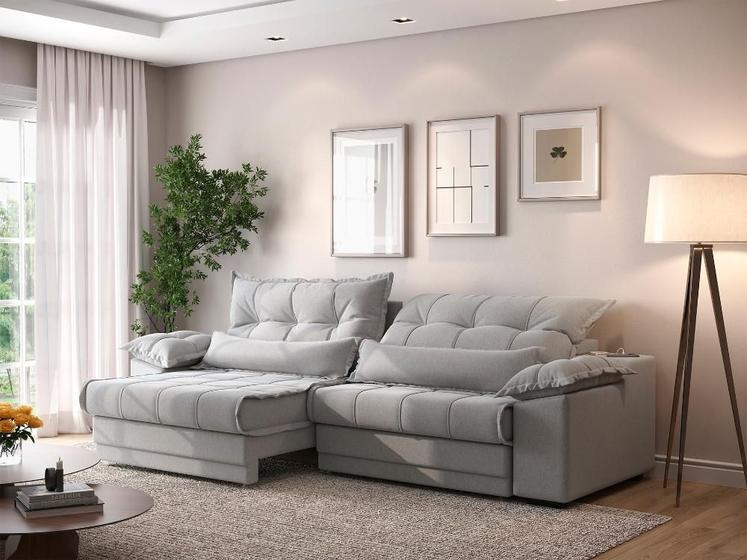 Imagem de Sofá Retrátil e Reclinável com Molas ensacadas e Carregador USB Colosso 2,90m Linho Soft Prata - NETSOFAS