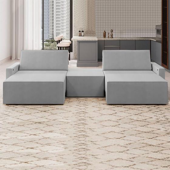 Imagem de Sofá Retrátil Embutido Modulado com Puff 5 Lugares Xerxes 289cm Veludo Cinza Claro G33 - Gran Belo