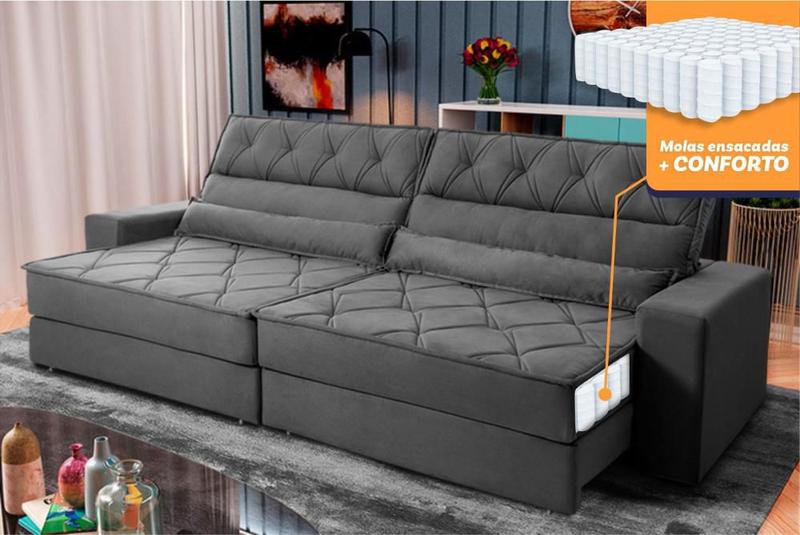 Imagem de Sofá Retrátil Reclinável 2,30m Albany Suede Velut Cinza Molas Ensacadas - King House