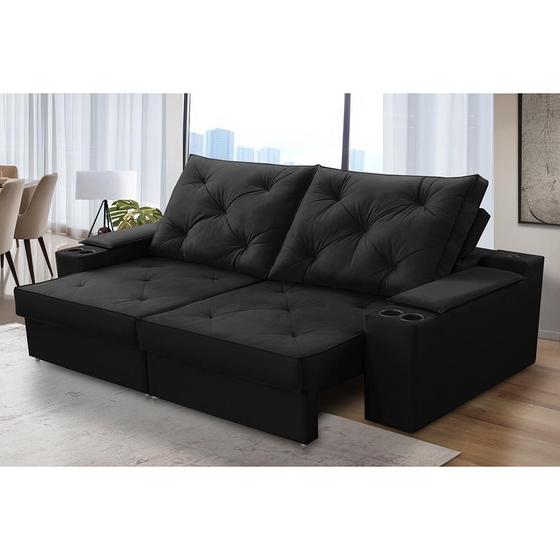 Imagem de Sofá Retrátil Reclinável 3 lugares 2,30m com Porta Copos e USB Helena Suede Preto Adonai Estofados