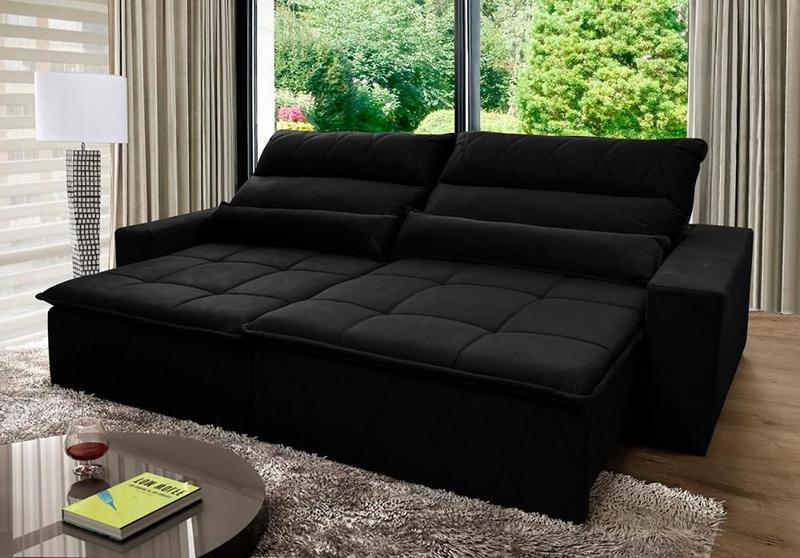 Imagem de Sofá Retrátil Reclinável Amsterdam 2,50m Suede Velut Preto Molas no Assento - King House