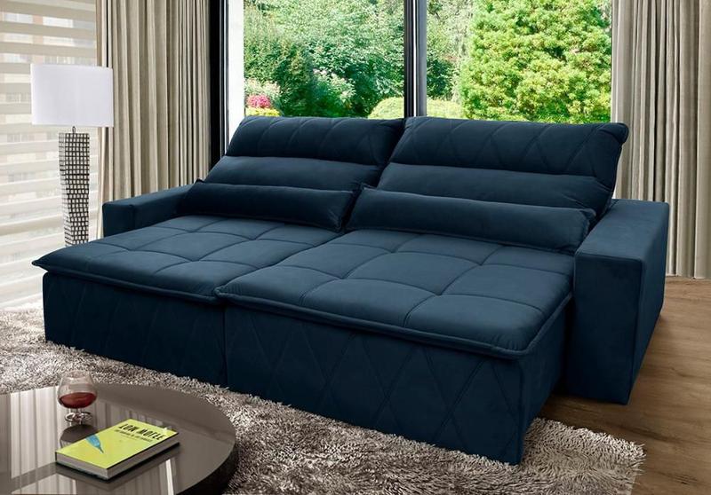 Imagem de Sofá Retrátil Reclinável Amsterdam 2,70m Suede Velut Azul Marinho Molas no Assento - King House