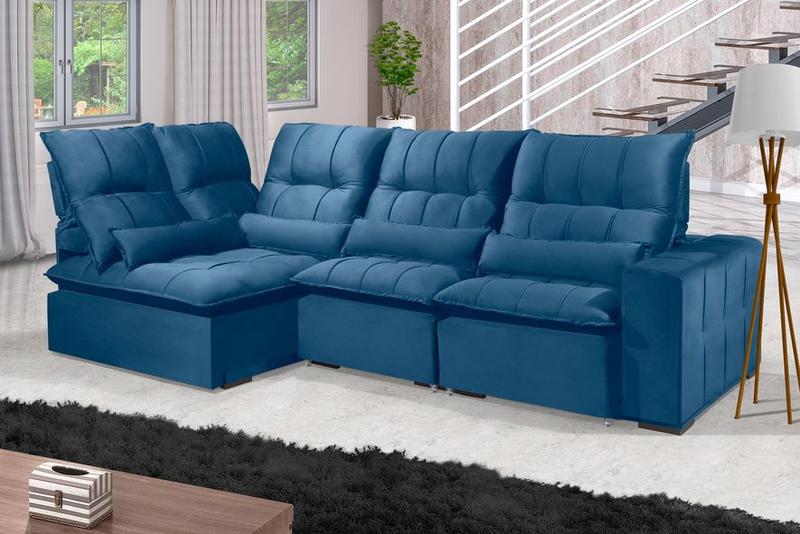 Imagem de Sofá Retrátil Reclinável ELLOA DE CANTO COM CHAISE 3.65 x 1.80m ESTILO ESTOFADOS - Inca Velusoft COR "AZUL"