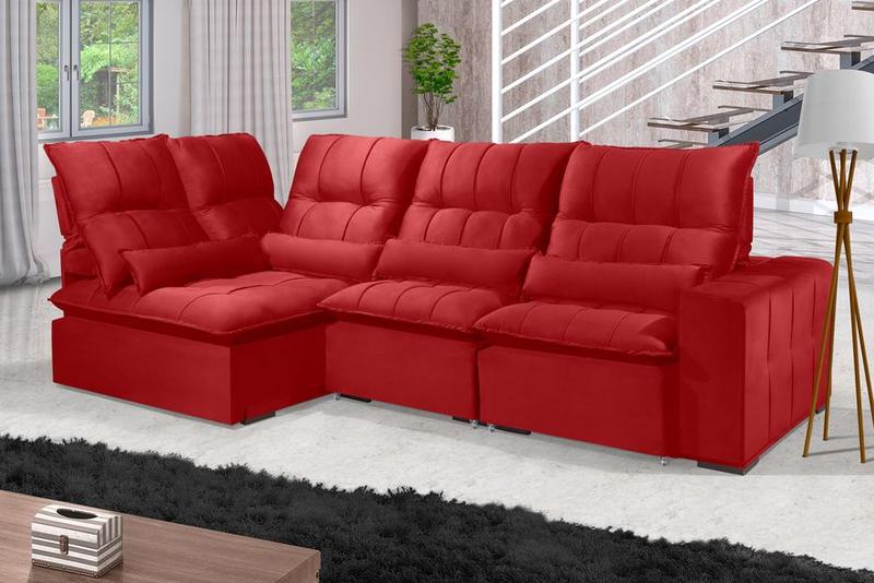 Imagem de Sofá Retrátil Reclinável ELLOA DE CANTO COM CHAISE 3.85 x 1.80m ESTILO ESTOFADOS - Inca Velusoft COR "VERMELHO"