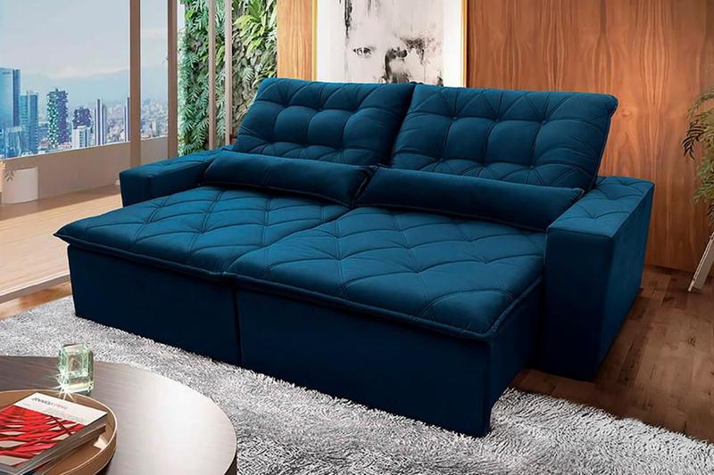 Imagem de Sofá Retrátil Reclinável Islândia 2,30m Suede Velut Azul Marinho Molas no Assento - King House