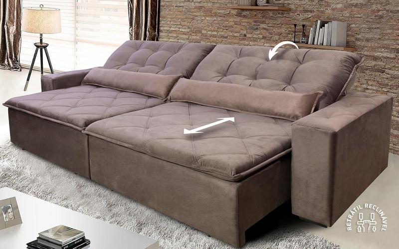 Sofá Retrátil/Reclinável Islândia 2,50m Suede Veludo Tabaco c/ Molas no Assento - King Kong Menor preço em Sofá Retrátil/Reclinável Islândia 2,50m Suede Veludo Tabaco c/ Molas no Assento - King Kong