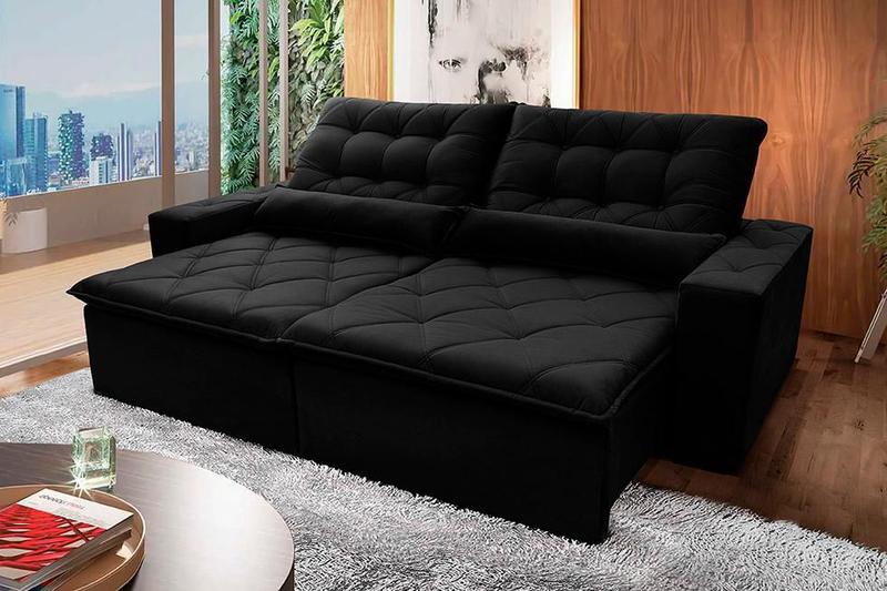 Imagem de Sofá Retrátil Reclinável Islândia 2,50m Suede Velut Preto Molas no Assento - King House