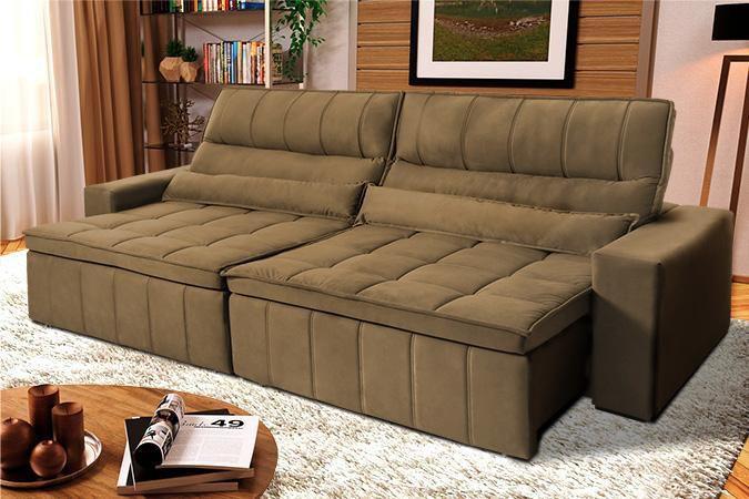 Imagem de Sofá Retrátil Reclinável Supremo 3,00m Suede Velut Bege Molas no Assento - King House