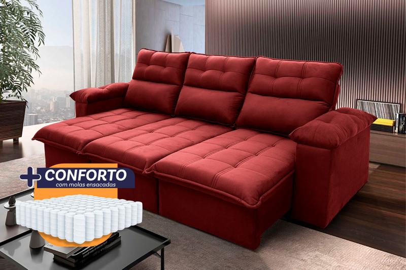 Sofá Retrátil/Reclinável Verona 2,30m Suede Velut Vermelho c/ Molas