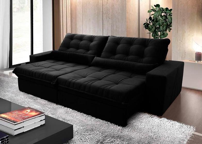 Sofá Retrátil/Reclinável Zurique 2,50m Suede Velut Preto c/ Molas no Assento - King House Menor preço em Sofá Retrátil/Reclinável Zurique 2,50m Suede Velut Preto c/ Molas no Assento - King House