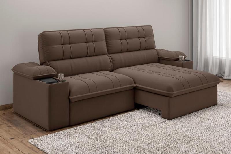 Imagem de Sofá Stylus 2,10m Retrátil/Reclinável com Porta Copos e Cooler Suede Marrom - XFlex Sofás