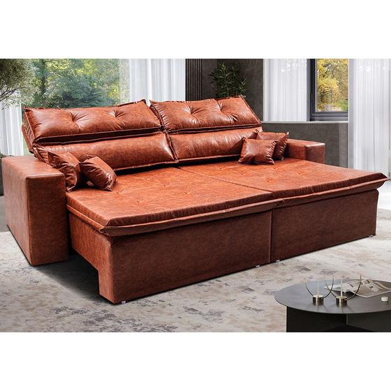 Imagem de Sofá Tourino 2,52m Retrátil e Reclinável Molas e Pillow no Assento material sintético Caramelo - Cama InBox