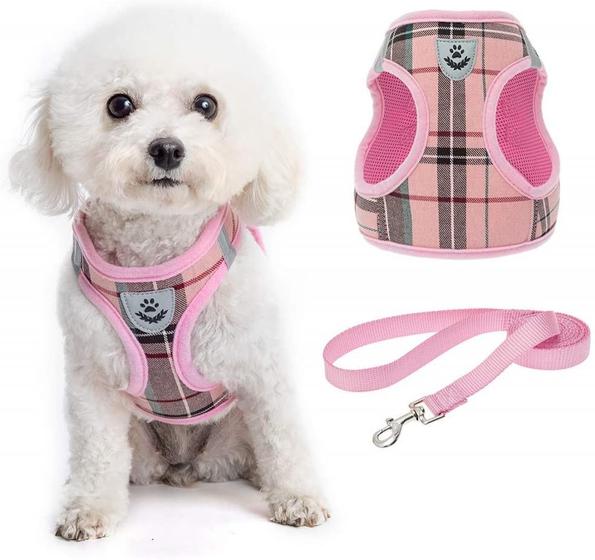 Imagem de Soft Mesh Plaid Puppy Harness - Pequeno Cão Arreio e Conjunto de Coleira, Colete Reflexivo Acolchoado e Confortável para Filhotes e Cães de Pequenas Raças Caminhando