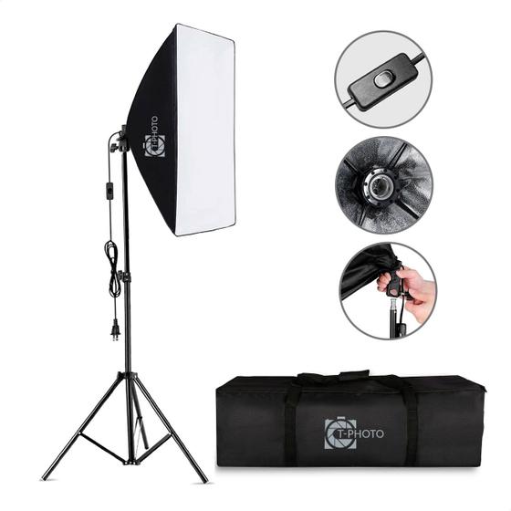 Softbox 50x70cm Bivolt com bocal E-27 + Tripé e Bolsa para Fotos e Vídeos Menor preço em Softbox 50x70cm Bivolt com bocal E-27 + Tripé e Bolsa para Fotos e Vídeos