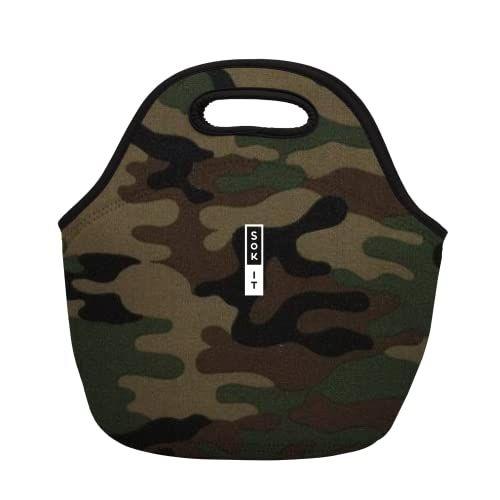 Imagem de Sok It Lunch Tote Reutilizável Neoprene Zippered Caddy Bag Isolado para Homens e Mulheres (Camo Verde, Grande Tote de Almoço de Neoprene)