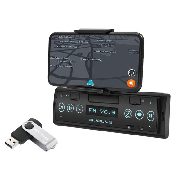 Imagem de Som Automotivo Evolve Connect Bluetooth 4X35W Suporte p/ Smartphone Rádio FM Entrada USB - P3353 + Pendrive 8GB