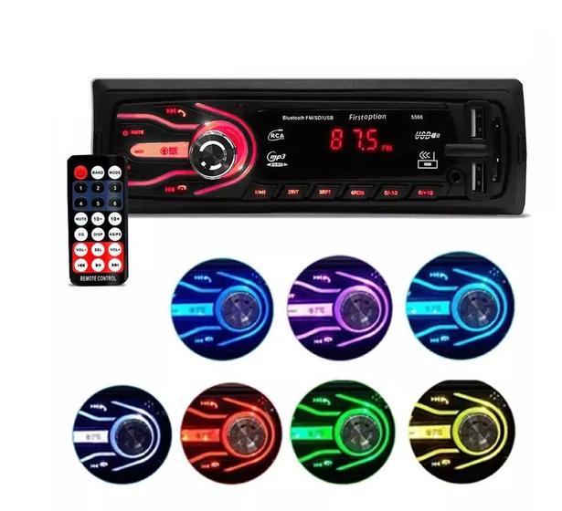 Imagem de Som Pra Carro Aparelho Rádio Automotivo Bluetooth Bt 7 cores - First Option Sd 5566