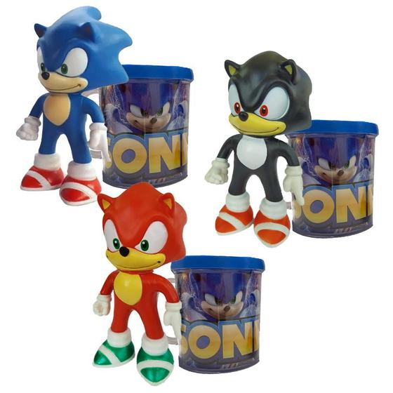 Imagem de Sonic Azul, Preto E Vermelho - Kit Com 3 Bonecos + Canecas