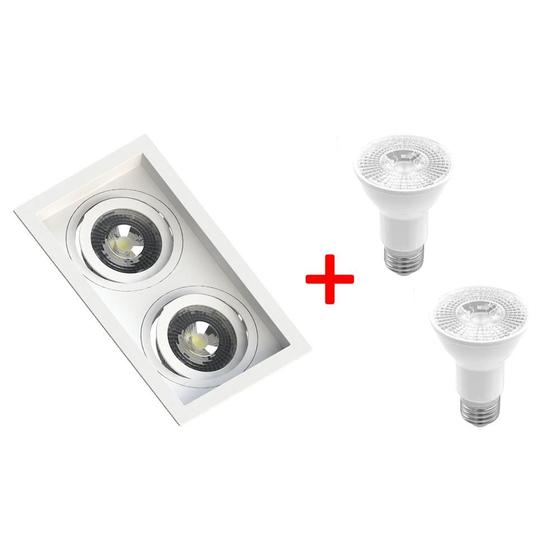 Imagem de Spot embutido quadrado duplo recuado par20 branco + 2 lâmpada par20 7w 3000k branco quente