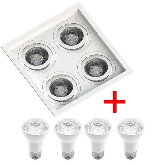 Imagem de Spot Embutido Quadrado Quadruplo Recuado Par20 Branco + 4 Lâmpadas PAR20 7W 3000K