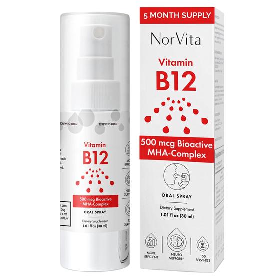 Imagem de Spray de vitamina B12 NorVita 500mcg com complexo MHA 150 porções