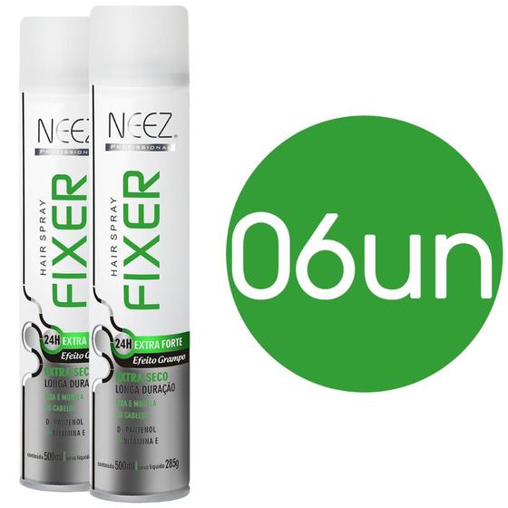 Imagem de Spray Fixador para Cabelo Fixer Neez Extra Forte Efeito Grampo 24h 500ml Kit com 06 unidades
