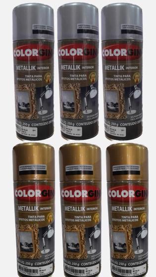 Imagem de Spray metallik colorgin caixa com 06 ( 03 prata e 03 ouro )