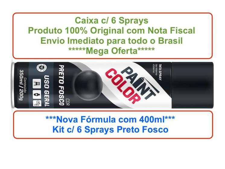 Imagem de Spray Tinta Aerosol Paint Color Preto Fosco 400ml Cx c/ 6 unid. Uso Interno e Externo