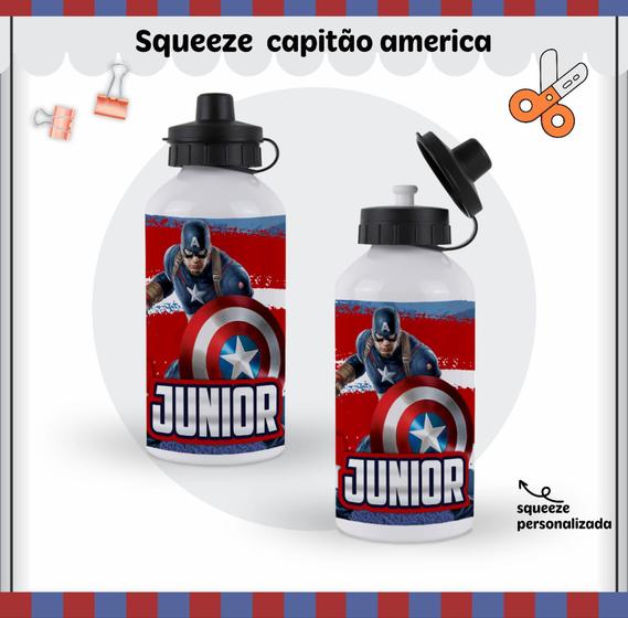 Imagem de Squezze De Aluminio Personalizada Heroi Capitão América Com Nome 500ml