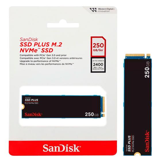 Imagem de SSD 250GB SanDisk Plus, M.2 2280 PCIe 3.0 NVMe, Leitura 2400MB/s, Grav. 1500MB/s - SDSSDA3N-250G-G26